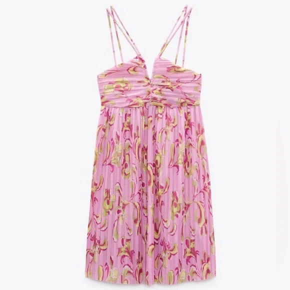 Zara Pink Floral Abstract Plissé Pleated Mini Dress Sz. Large - Picture 3 of 10